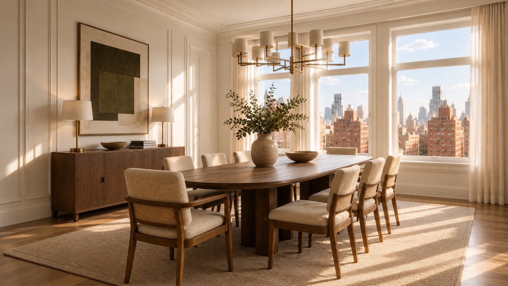 The same dining room in daylight, with the skyline in view