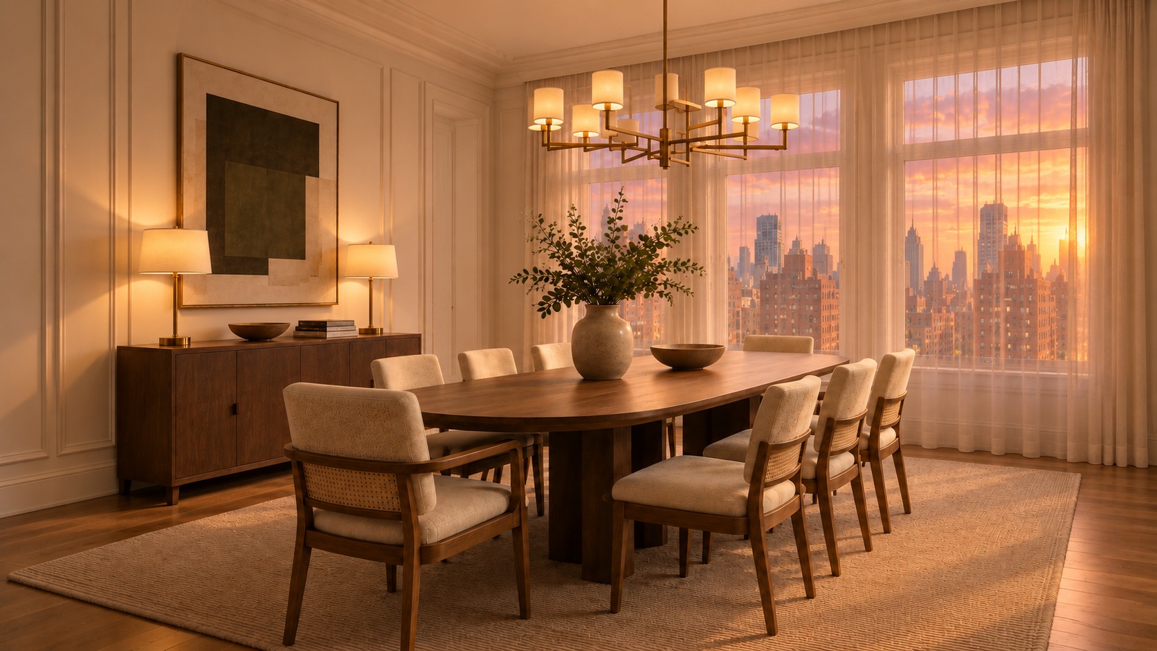 The dining room at a pastel sunset, with lamps lit and sheer curtains closed
