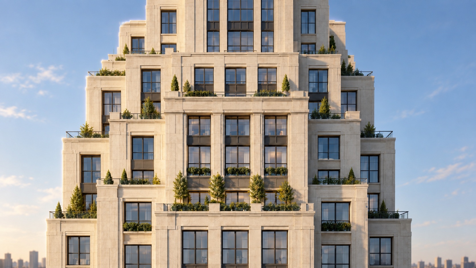 A stepped stone facade with planted terraces and tall windows