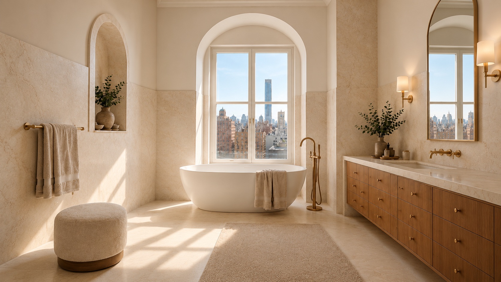 A freestanding bath, pale stone surfaces and arched windows