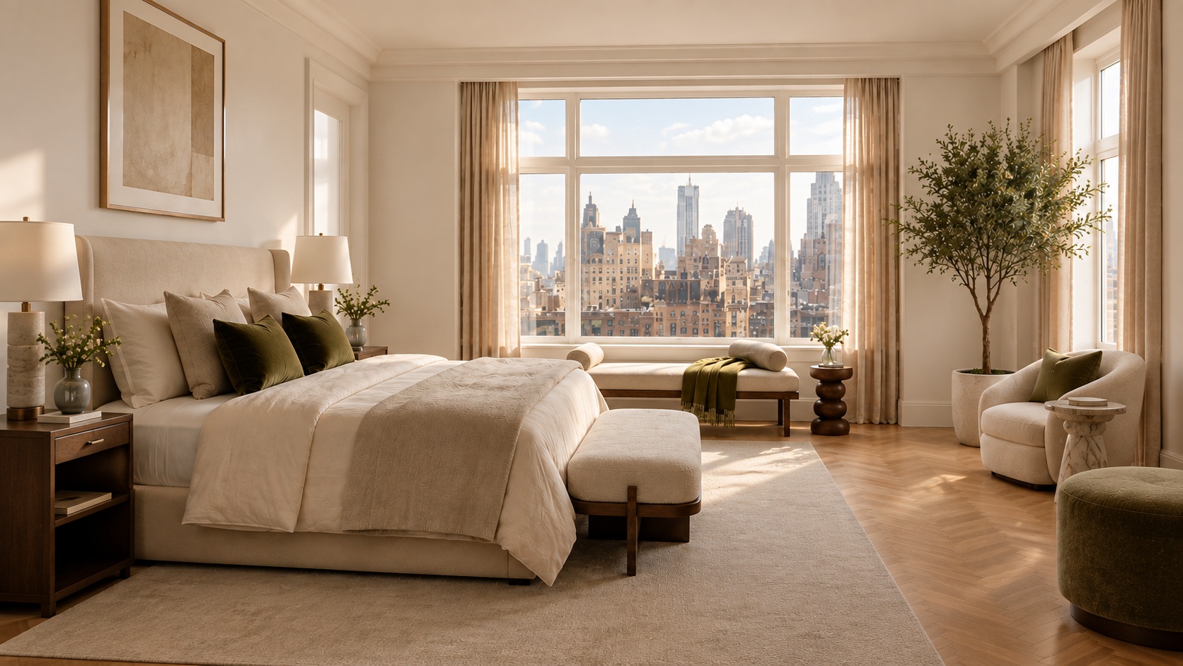 Bedroom with neutral bedding, an upholstered bench and a skyline view