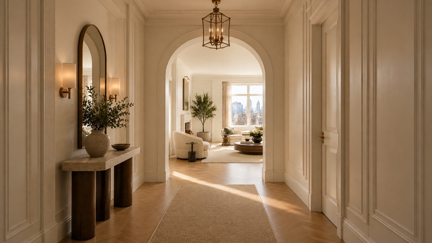 A sunlit entry hall with paneled walls and an arched doorway