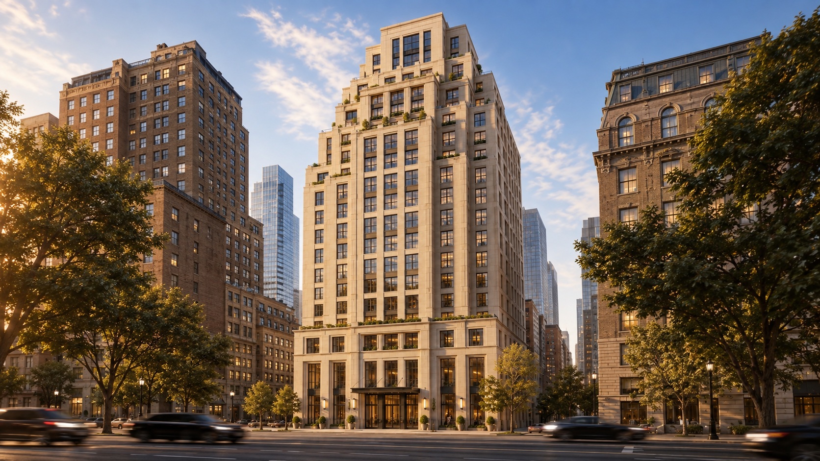The residence building within its New York streetscape