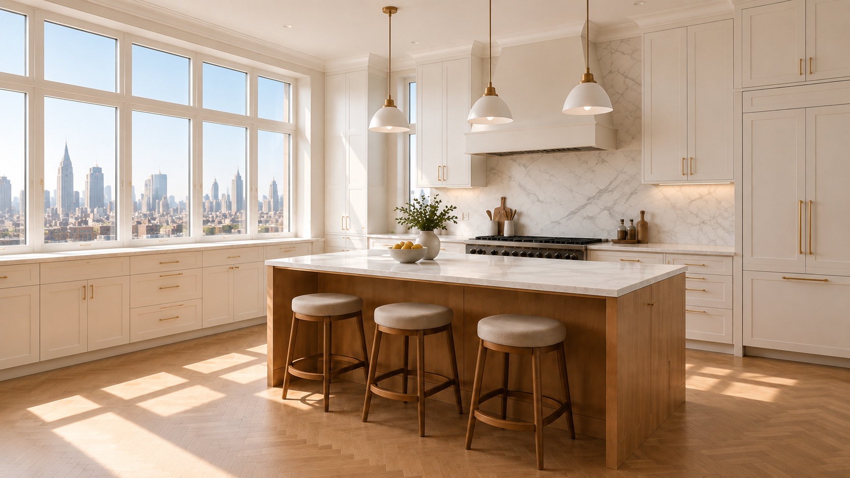 Light kitchen with a wood island, woven stools and tall windows overlooking the skyline