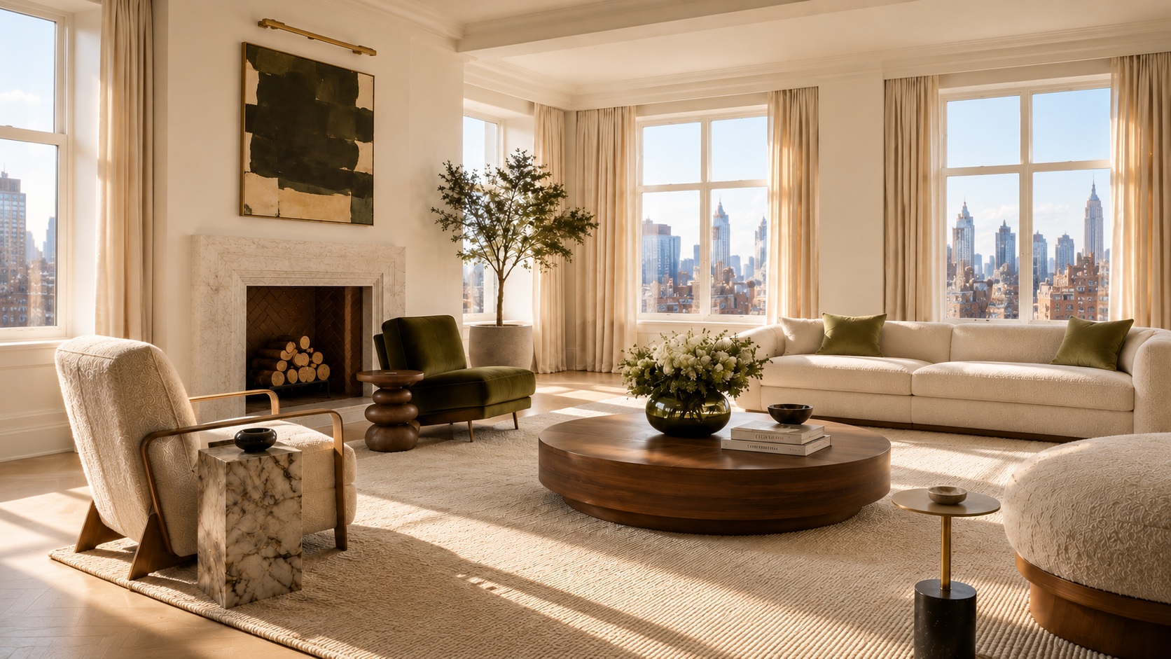 A sunlit living room with pale seating, a stone fireplace and skyline views